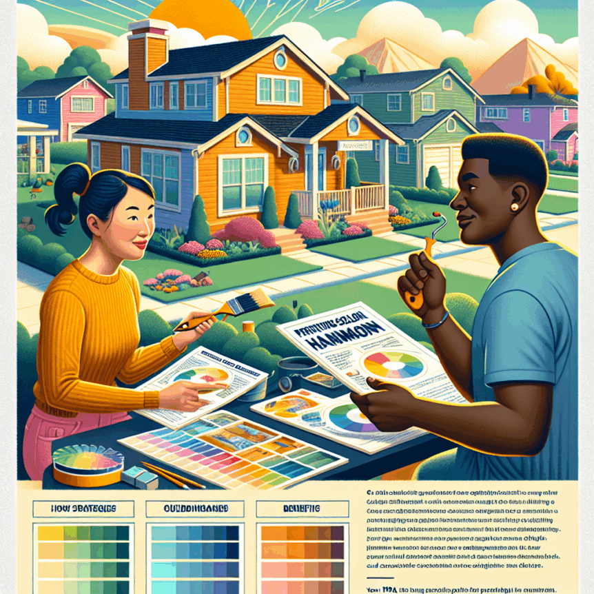 Homeowners reviewing exterior paint palettes outside a warm-toned house with landscaping and color swatches.