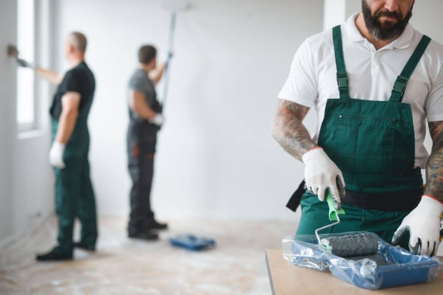 Team of painters renovating a room, using rollers and paint trays on a protected floor.