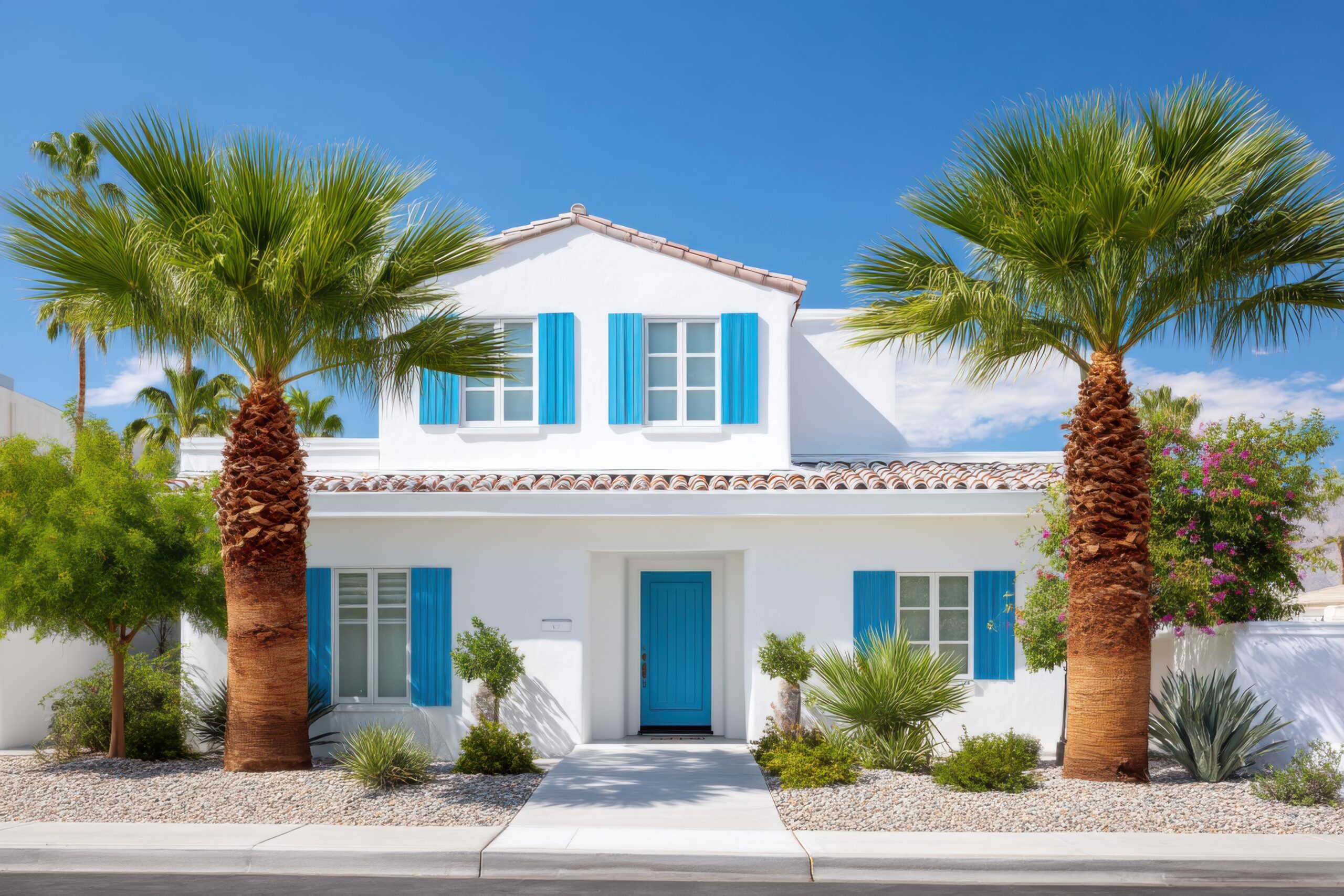 Modern white house with blue shutters and door