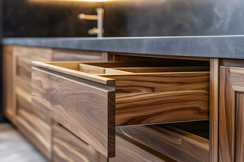 Open modern wooden kitchen drawer