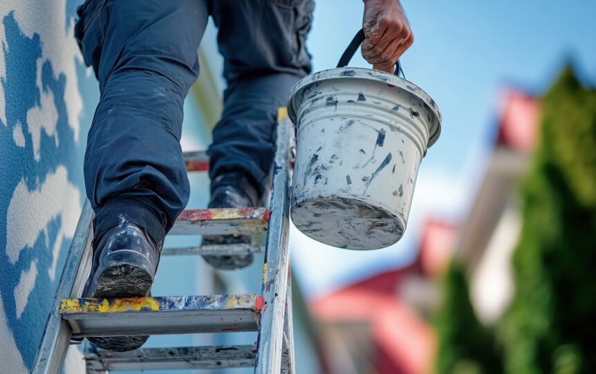Painter climbs ladder with s bucket of exterior paint